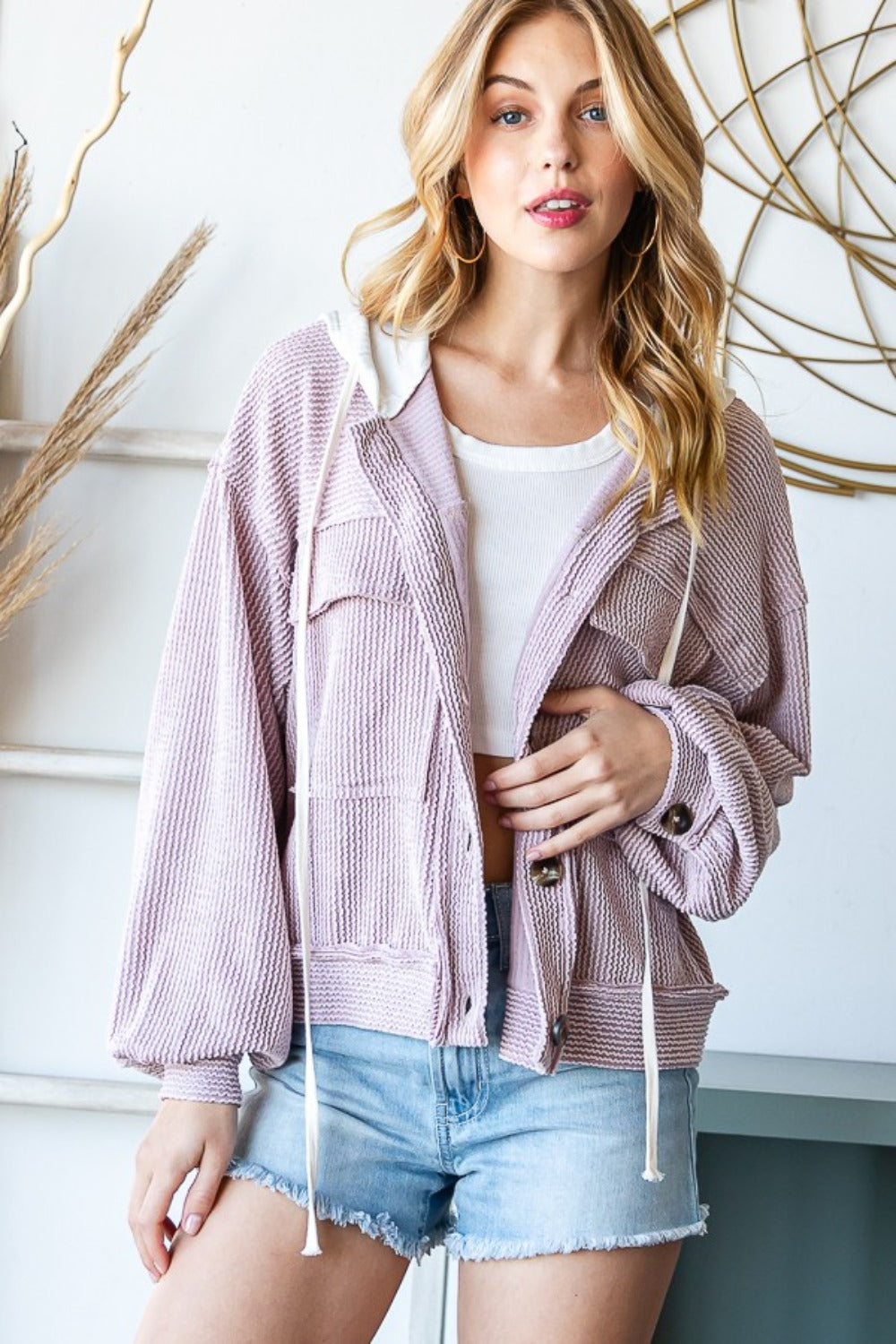 Reborn J Contrast Hooded Button Down Ribbed Jacket Reborn J Contrast Hooded Button Down Ribbed Jacket