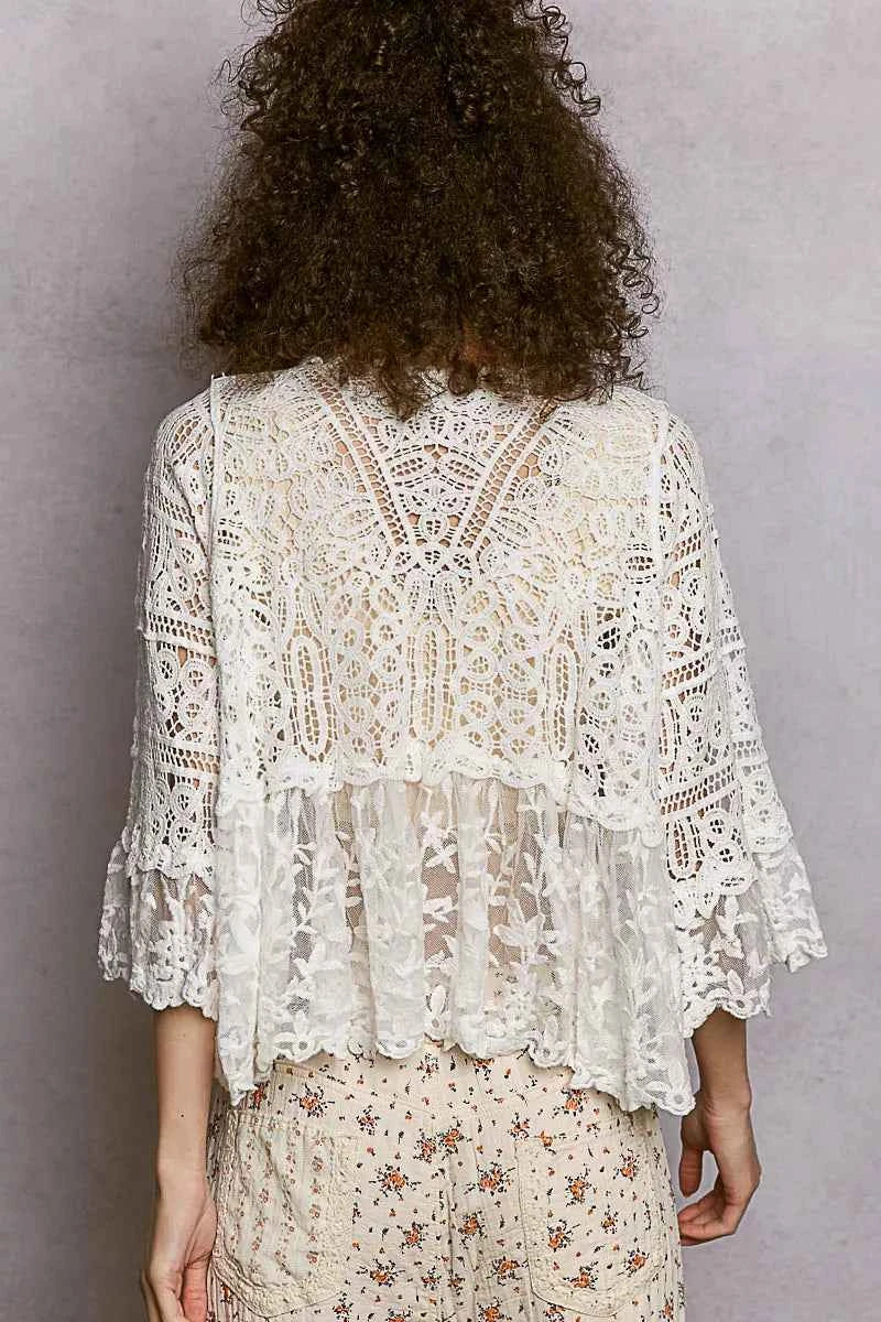 POL Floral Lace Short Sleeve Crochet Cardigan with Tassel Tie POL Floral Lace Short Sleeve Crochet Cardigan with Tassel Tie