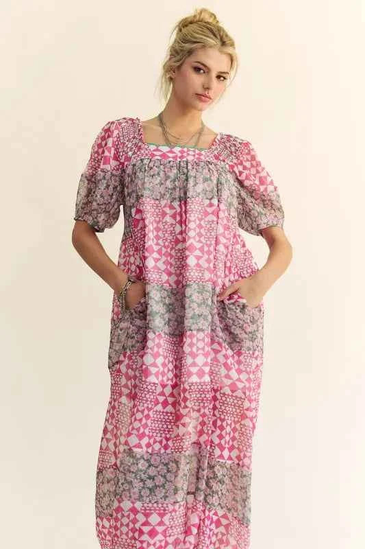 Davi & Dani Multi Floral Square Neck Puff Sleeve Maxi Dress Davi & Dani Multi Floral Square Neck Puff Sleeve Maxi Dress
