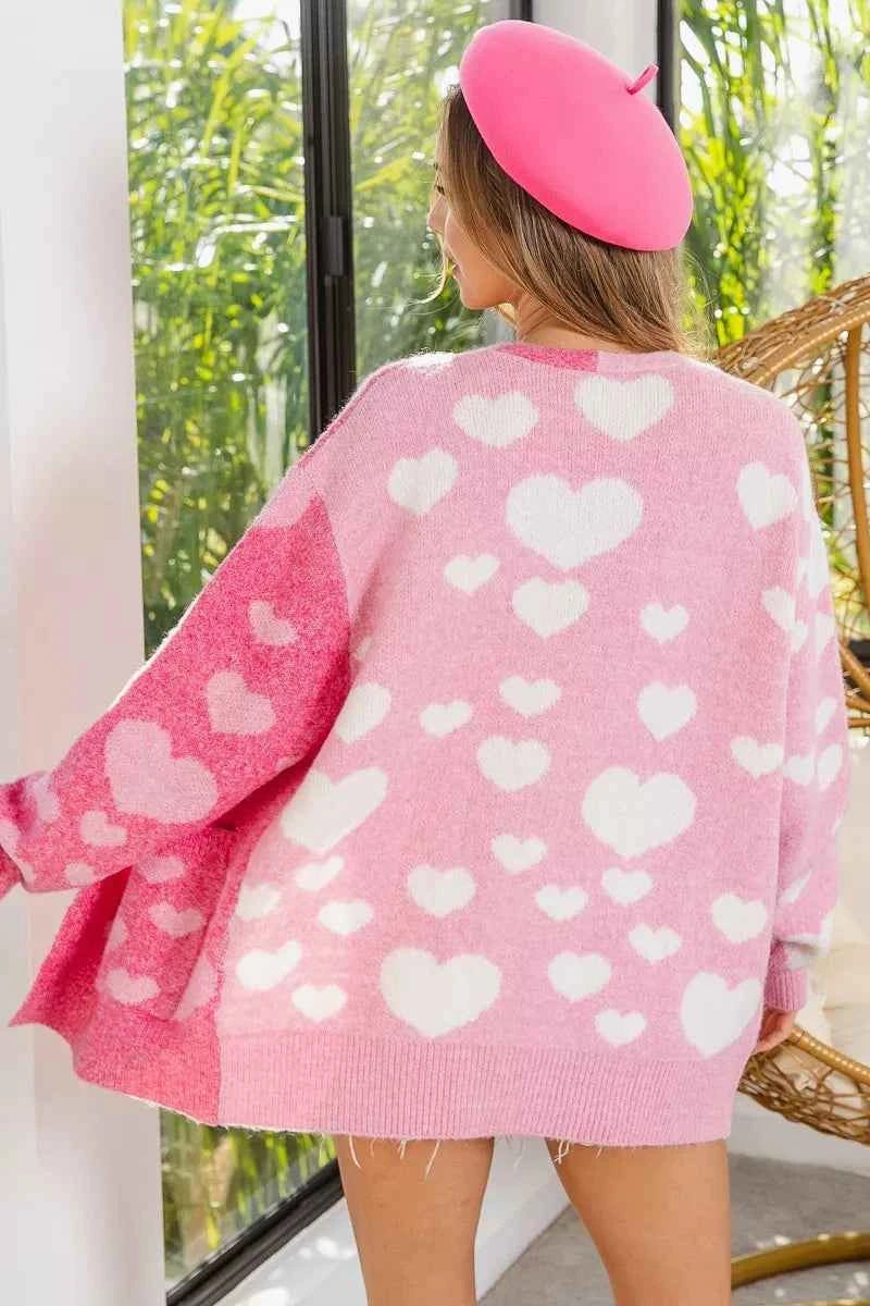BiBi Heart Color Block V-Beck Knit Cardigan with Pockets BiBi Heart Color Block V-Beck Knit Cardigan with Pockets