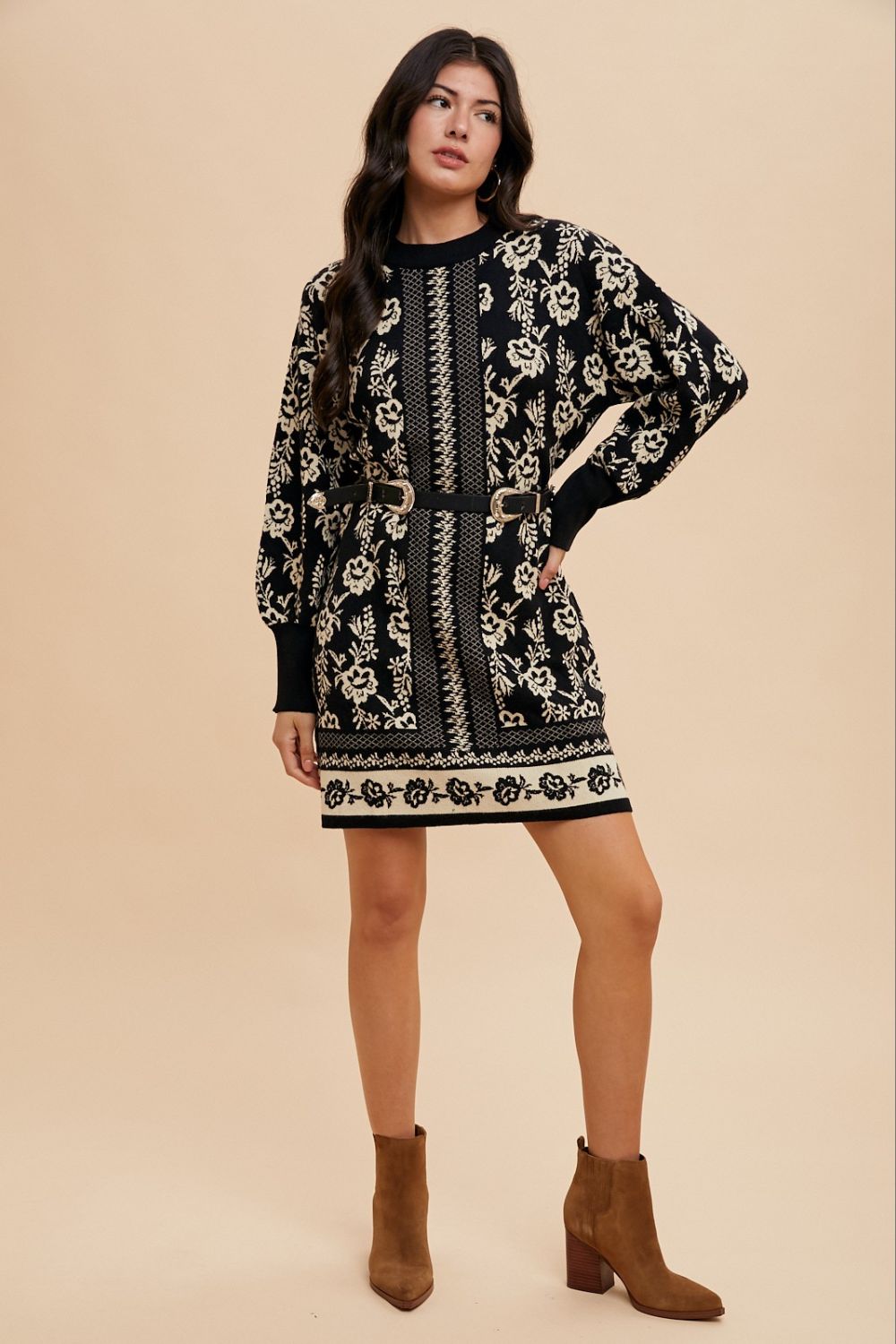 Annie Wear Floral Jacquard Round Neck Sweater Dress Annie Wear Floral Jacquard Round Neck Sweater Dress
