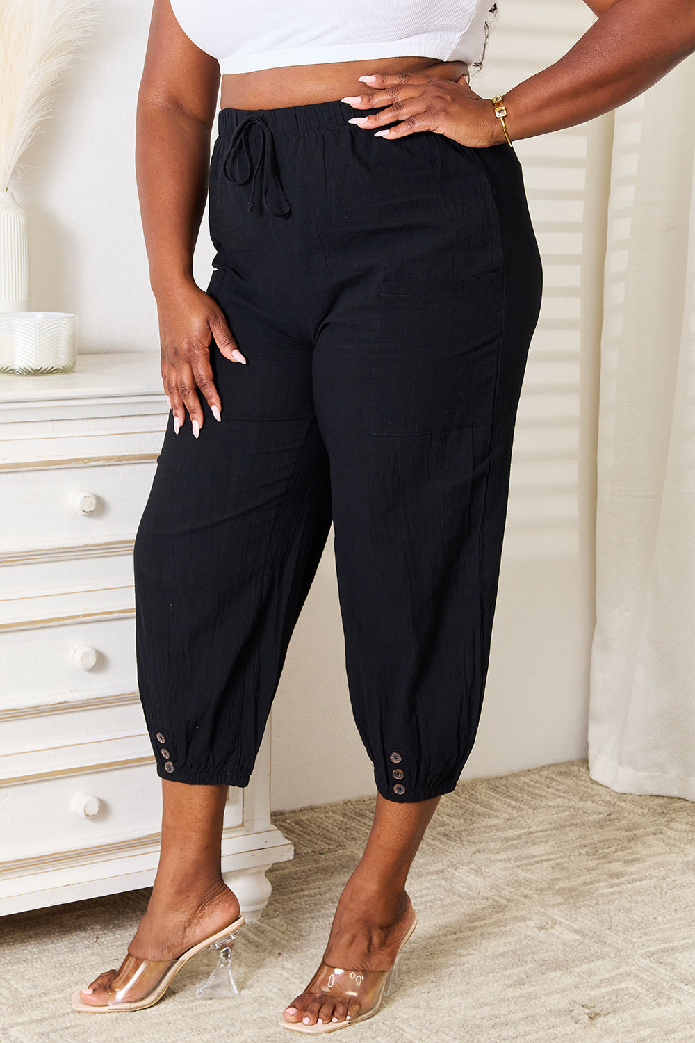 Double Take Decorative Button Cropped Pants Double Take Decorative Button Cropped Pants - TopFashionHQ