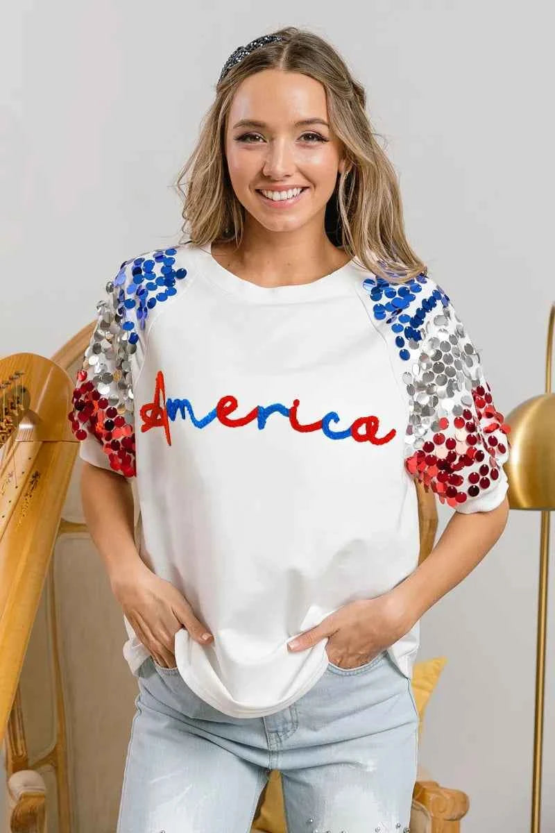 BiBi America Letter Applique Spangle Puff Sleeves Top BiBi America Letter Applique Spangle Puff Sleeves Top