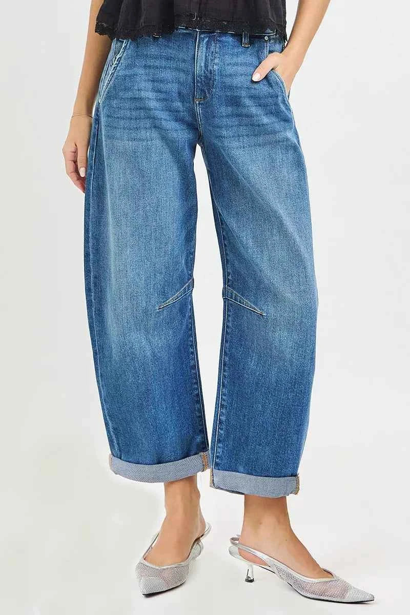 RISEN Slouchy Cropped Barrel Jeans With Cuffed Hem RISEN Slouchy Cropped Barrel Jeans With Cuffed Hem