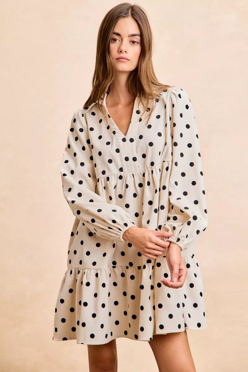 BiBi Polka Dot Corduroy Collared V Neck Dress 2dcd86d04623476e9c84eb36496b85d8-Max-Origin