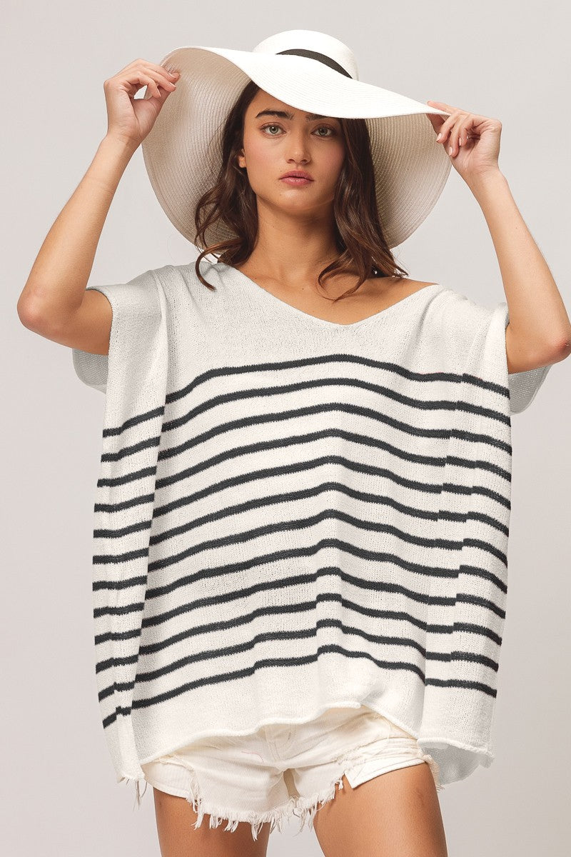 BiBi V Neck Striped Short Sleeve Top BiBi V Neck Striped Short Sleeve Top - TopFashionHQ