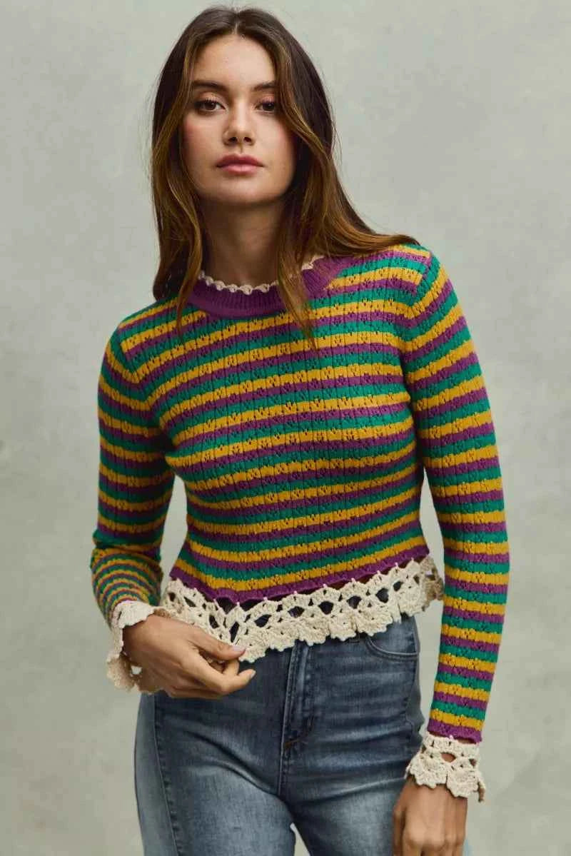 SO ME Mardi Gras Striped Cropped Knit Top with Crochet Edge SO ME Mardi Gras Striped Cropped Knit Top with Crochet Edge