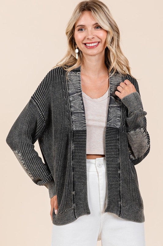 Mittoshop Contrast Patch Open Front Mineral Wash Cardigan Mittoshop Contrast Patch Open Front Mineral Wash Cardigan - TopFashionHQ