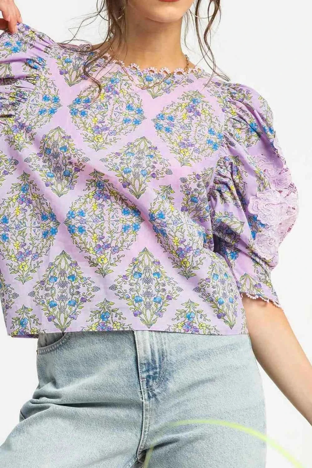 Umgee Printed Lace Puff Sleeve Blouse Umgee Printed Lace Puff Sleeve Blouse