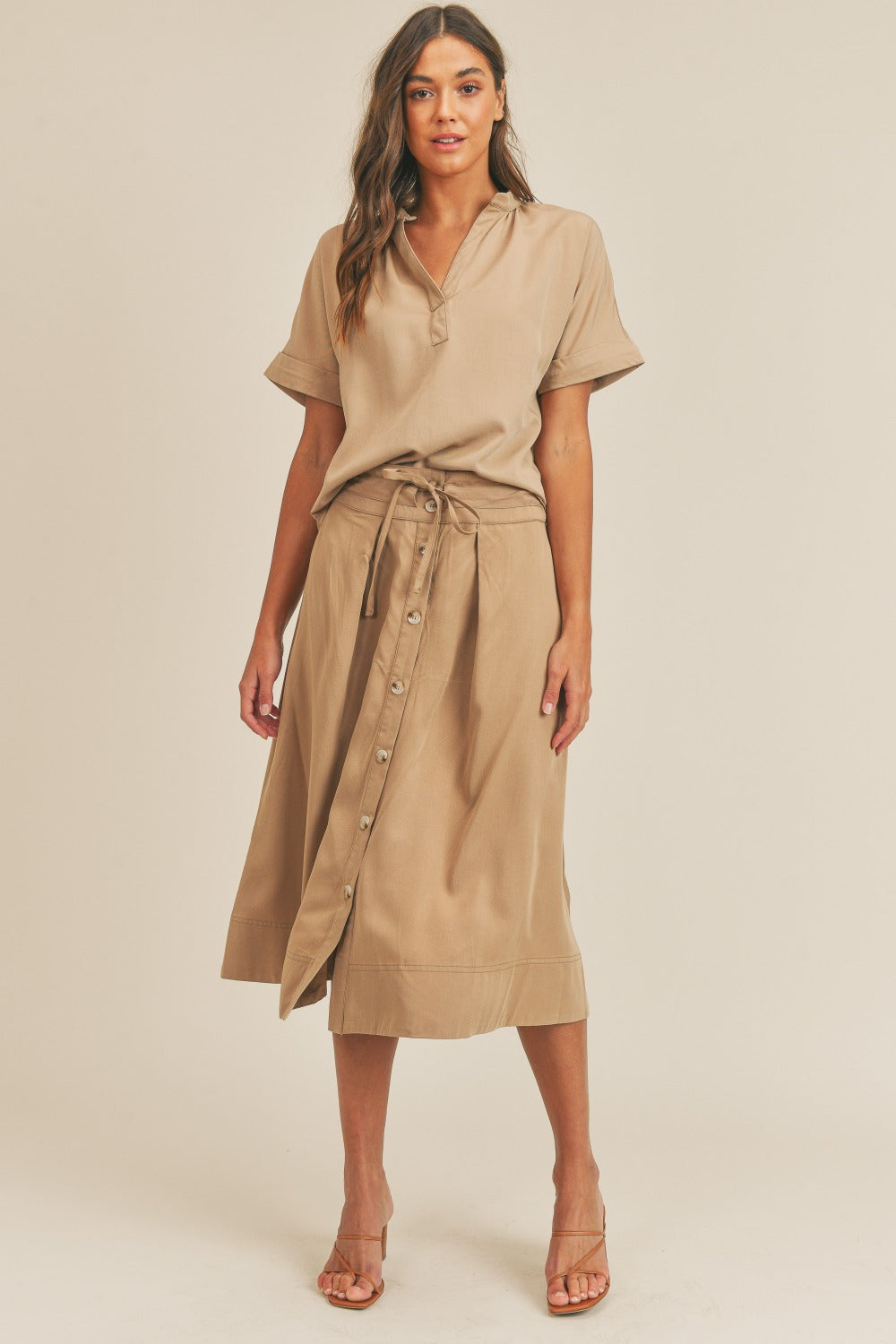 MABLE Short Sleeve Top and Button Down Midi Skirt Set MABLE Short Sleeve Top and Button Down Midi Skirt Set
