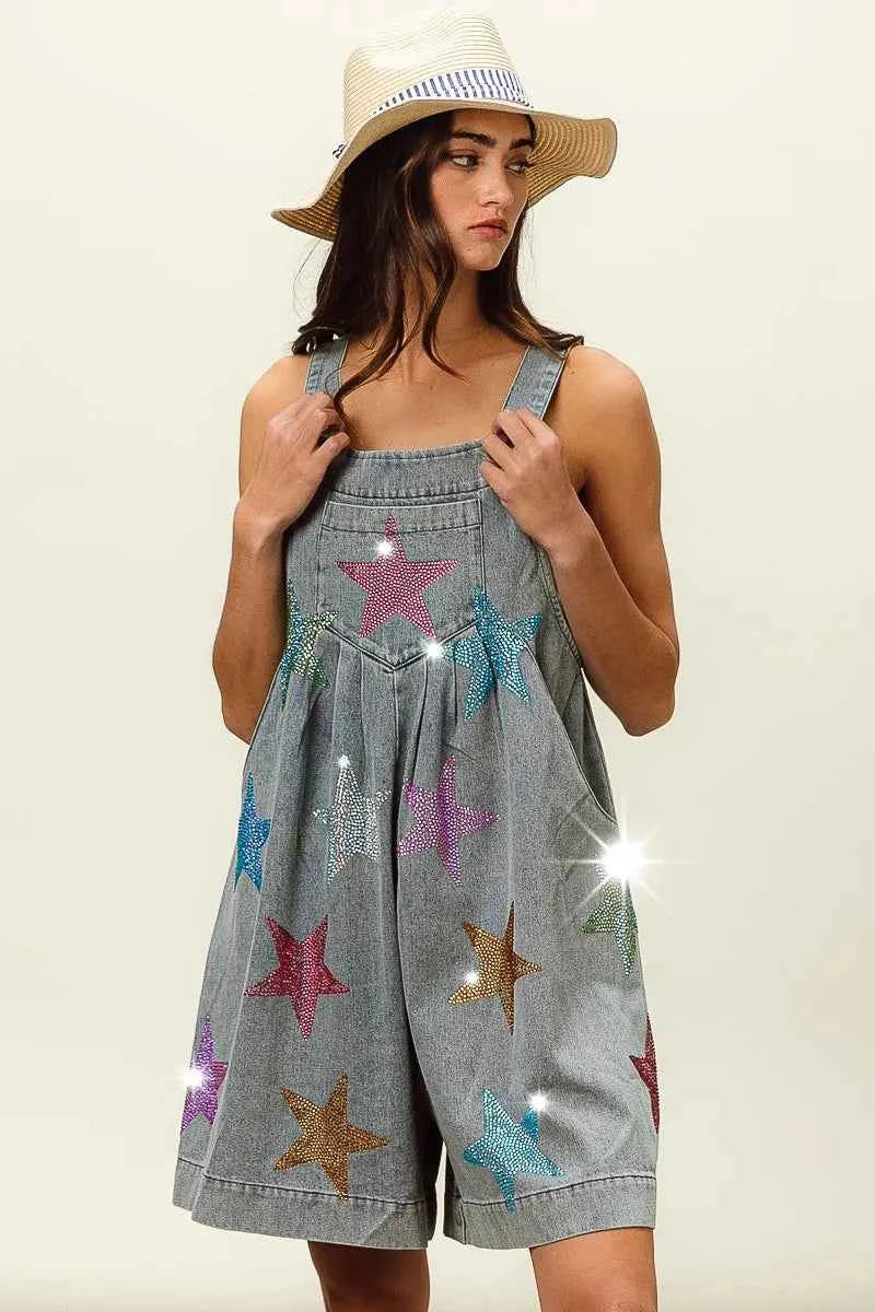 BiBi Star Rhinestone Washed Wide Leg Shortalls BiBi Star Rhinestone Washed Wide Leg Shortalls