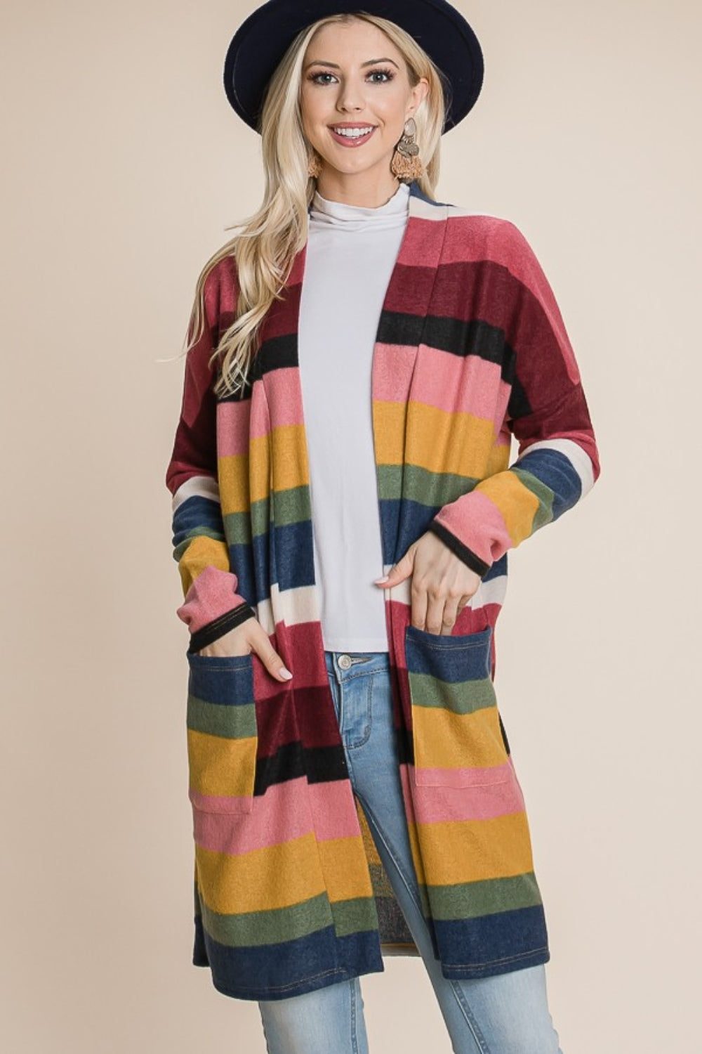 BOMBOM Color Block Striped Open Front Cardigan BOMBOM Color Block Striped Open Front Cardigan - TopFashionHQ