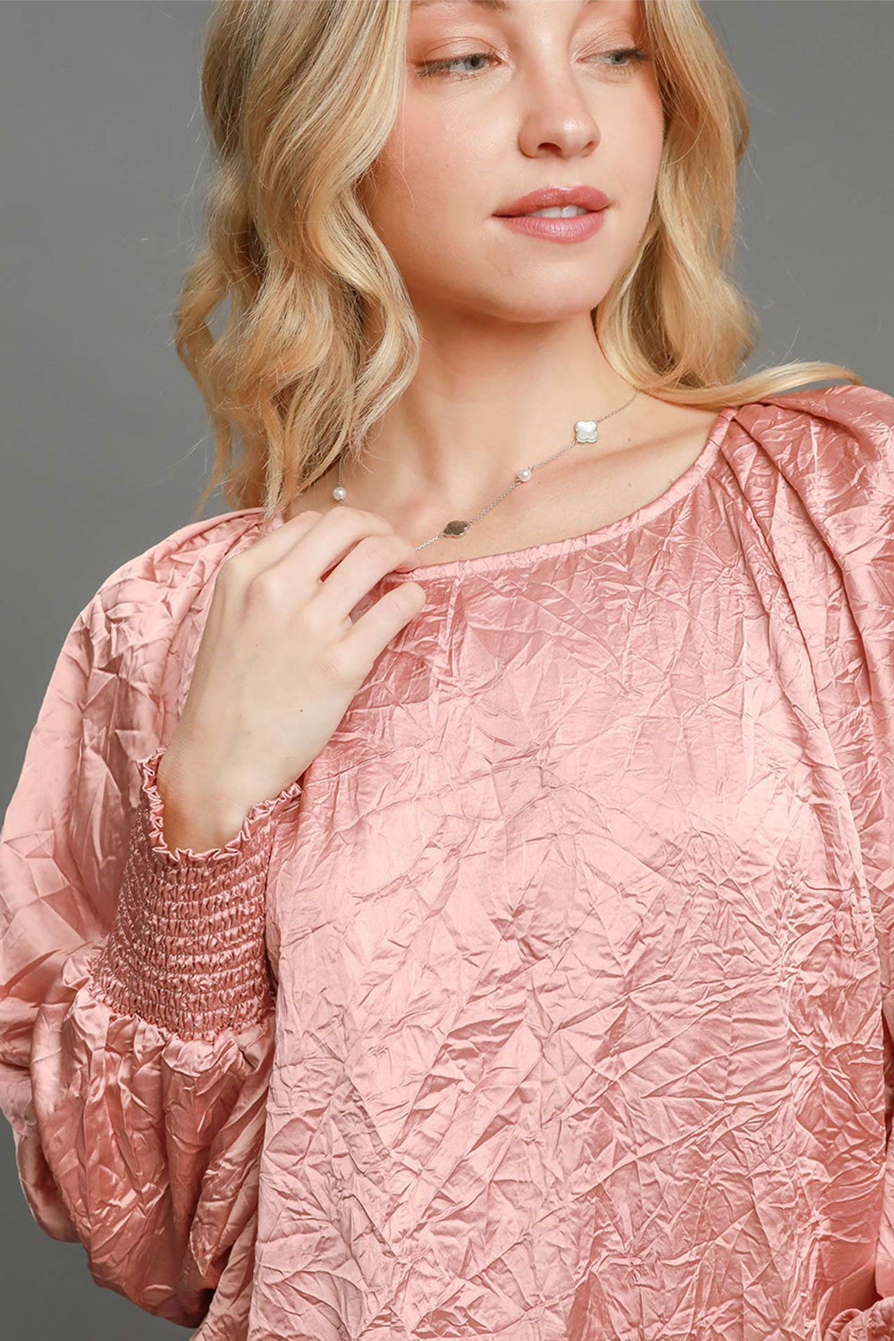 Umgee Wrinkled Round Neck Lantern Sleeve Blouse Umgee Wrinkled Round Neck Lantern Sleeve Blouse