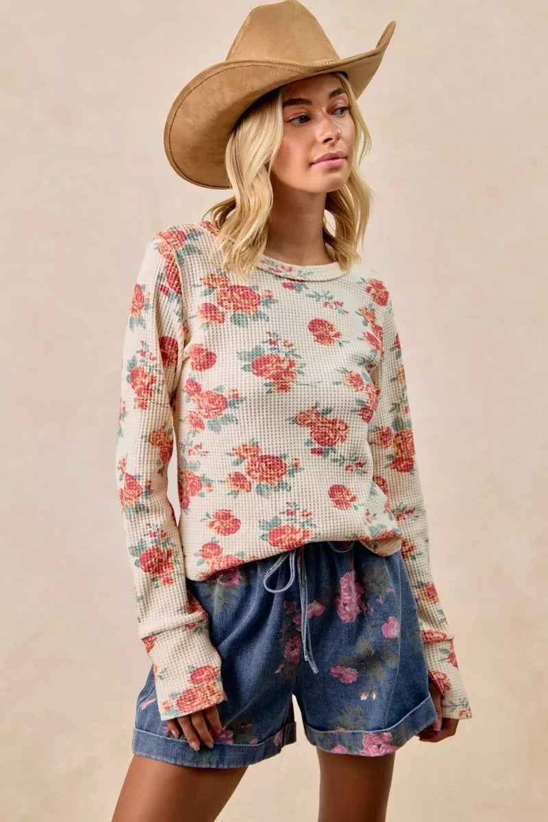 BiBi Floral Print Washed Waffle Thermal Top With Thumb BiBi Floral Print Washed Waffle Thermal Top With Thumb
