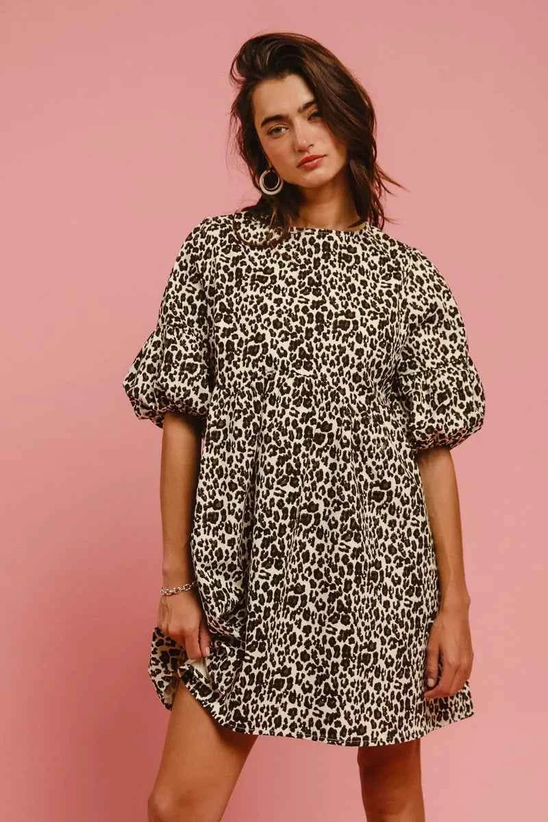 BiBi Leopard Denim Dress With Back Contrast Tie Detail BiBi Leopard Denim Dress With Back Contrast Tie Detail
