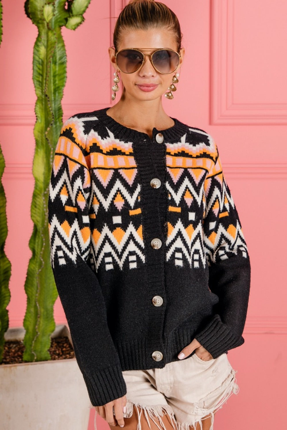 BiBi Ethnic Pattern Button Up Knit Cardigan BiBi Ethnic Pattern Button Up Knit Cardigan
