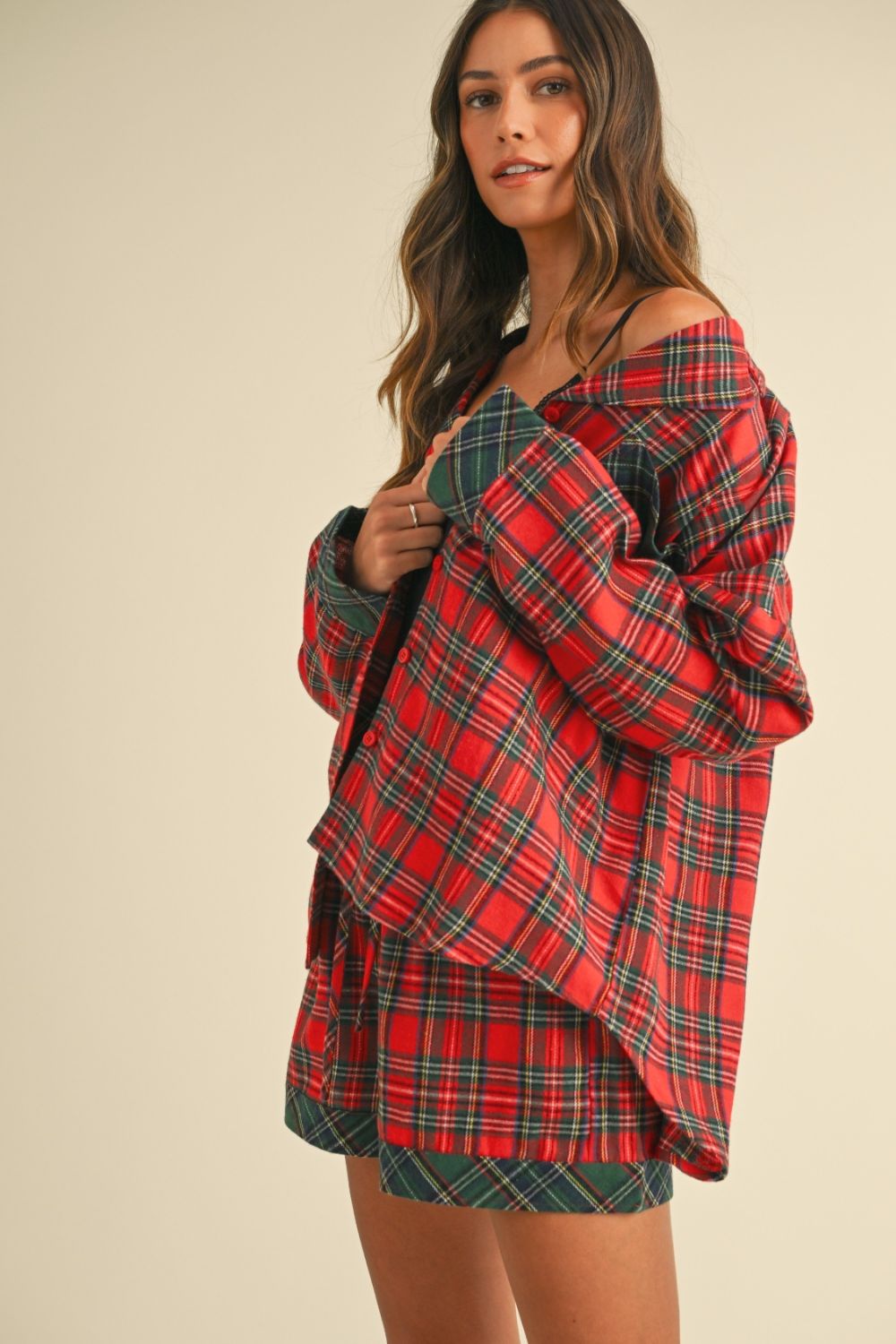 Annie Wear Contrast Plaid Long Sleeve Top and Shorts Set Annie Wear Contrast Plaid Long Sleeve Top and Shorts Set