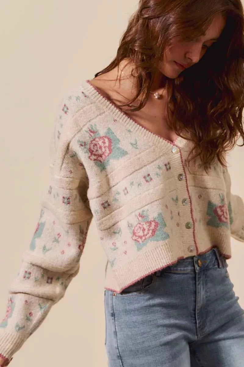 SO ME Floral Pattern Long Sleeve Button Sweater Cardigan SO ME Floral Pattern Long Sleeve Button Sweater Cardigan