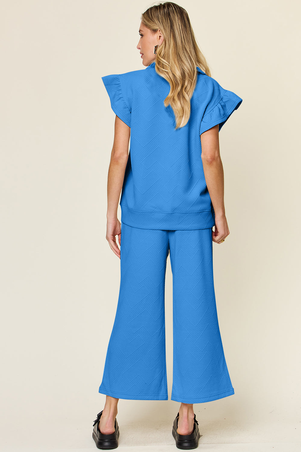 Double Take Texture Ruffle Short Sleeve Top and Drawstring Wide Leg Pants Set Double Take Texture Ruffle Short Sleeve Top and Drawstring Wide Leg Pants Set