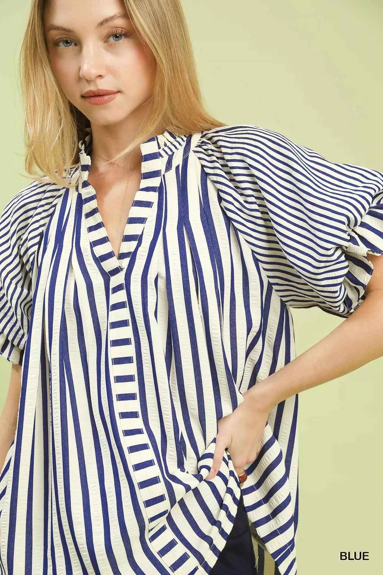 Umgee Striped Notched Top with Short Flutter Sleeves Umgee Striped Notched Top with Short Flutter Sleeves