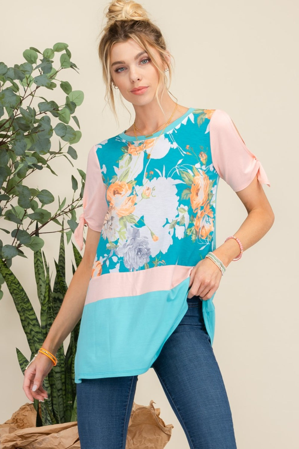 Celeste Full Size Open Tie Sleeve Floral Contrast Top Celeste Full Size Open Tie Sleeve Floral Contrast Top - TopFashionHQ