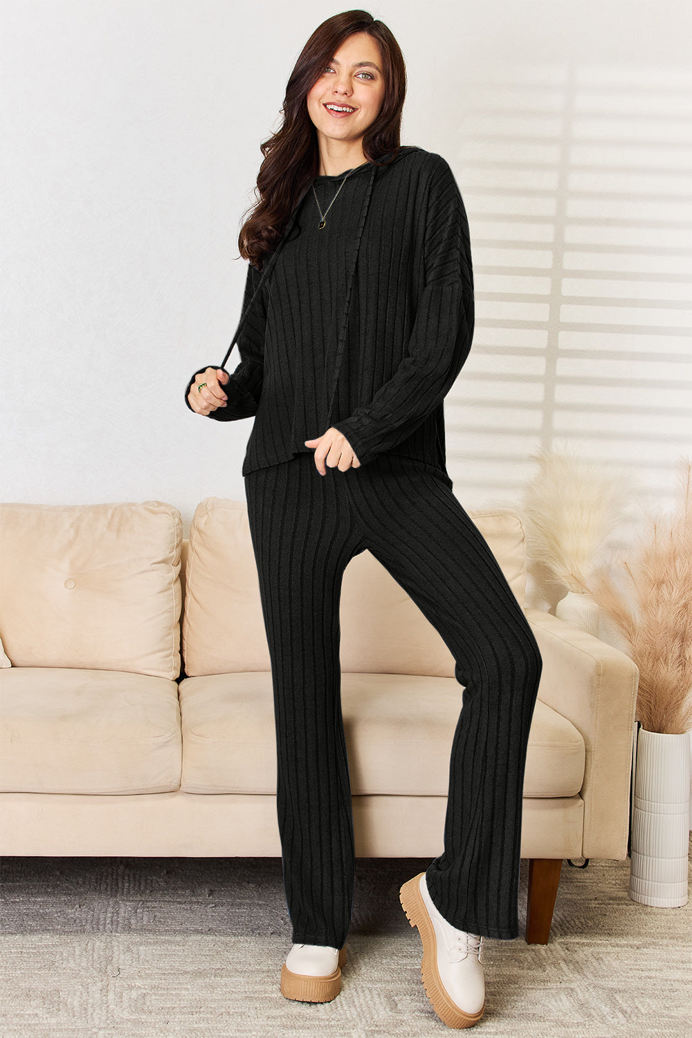 Basic Bae Full Size Ribbed Drawstring Hooded Top and Straight Pants Set Basic Bae Full Size Ribbed Drawstring Hooded Top and Straight Pants Set - TopFashionHQ