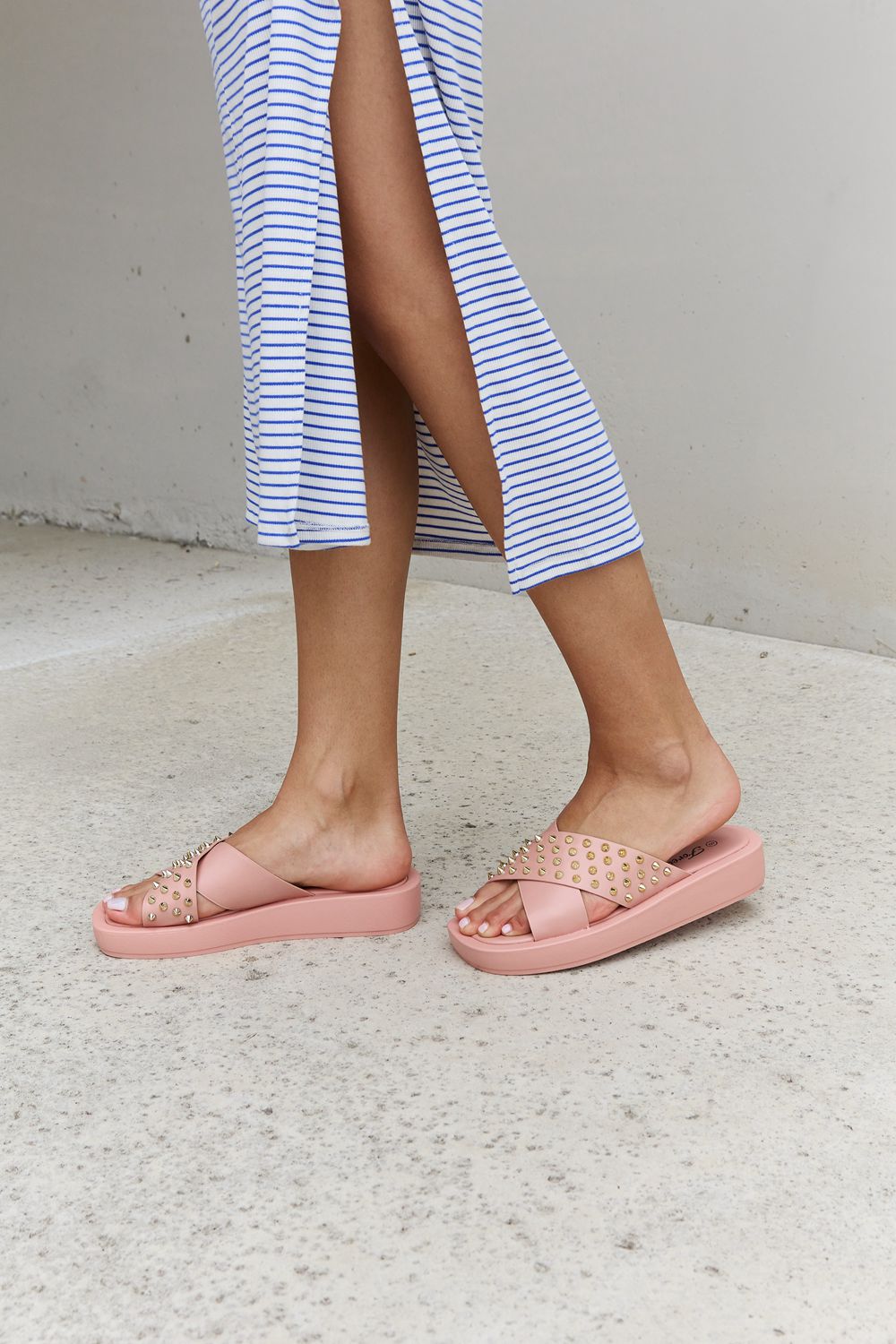 Forever Link Studded Cross Strap Sandals in Blush Forever Link Studded Cross Strap Sandals in Blush - TopFashionHQ