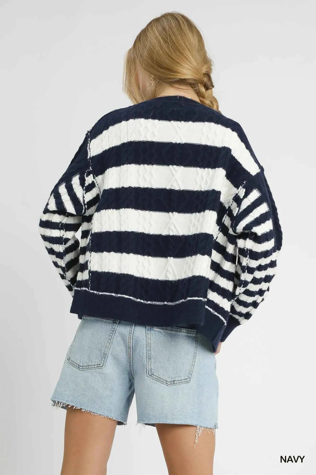Umgee Cable-Knit Stripe Button-Up Cardigan Umgee Cable-Knit Stripe Button-Up Cardigan