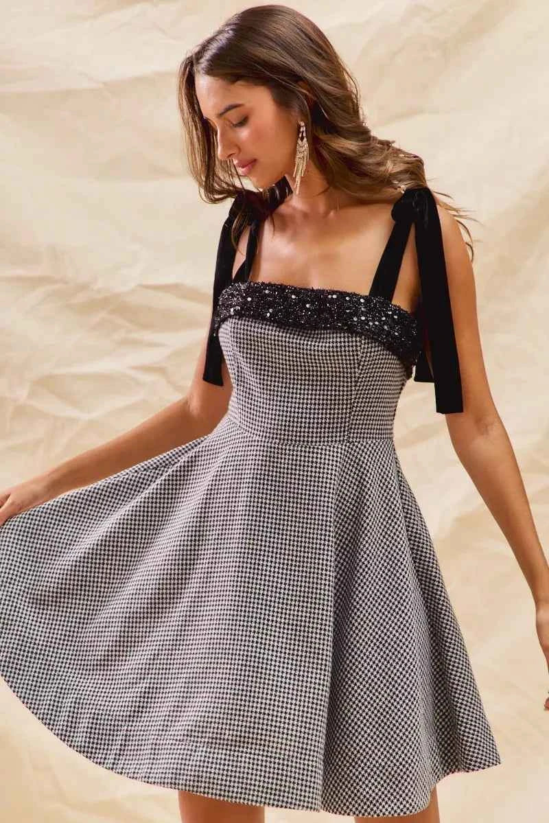 SO ME Houndstooth Fit Flare Mini Dress with Shoulder Tie SO ME Houndstooth Fit Flare Mini Dress with Shoulder Tie
