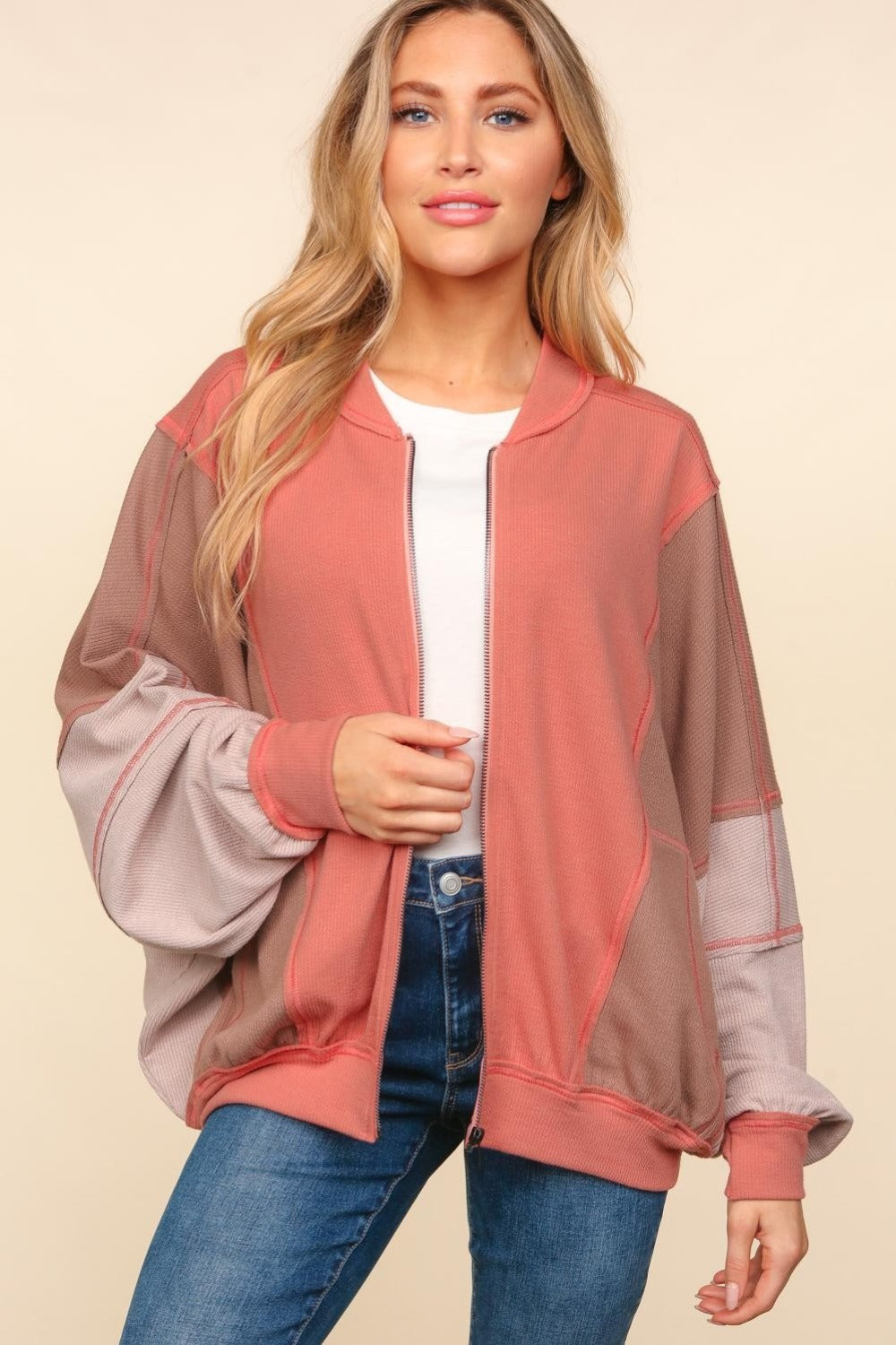 Haptics Zip Up Color Block Bomber Jacket with Side Pockets Haptics Zip Up Color Block Bomber Jacket with Side Pockets