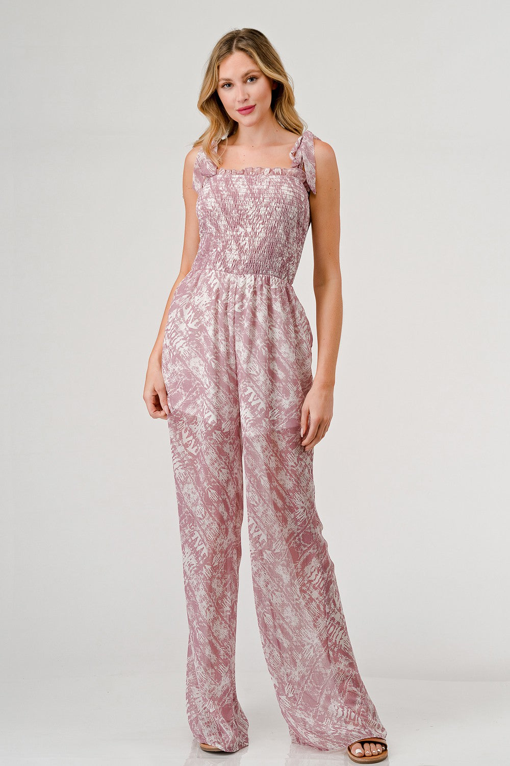 GeeGee Printed Tie Shoulder Wide Leg Jumpsuit GeeGee Printed Tie Shoulder Wide Leg Jumpsuit - TopFashionHQ
