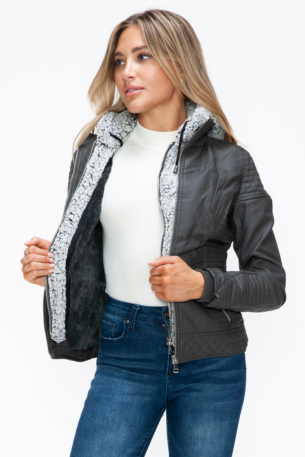 YMI Faux Layered Double-Zipper Jacket with Fuzzy Hood YMI Faux Layered Double-Zipper Jacket with Fuzzy Hood - TopFashionHQ