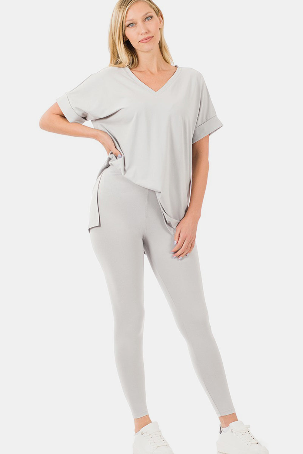 Zenana V-Neck Rolled Short Sleeve T-Shirt and Leggings Lounge Set Zenana V-Neck Rolled Short Sleeve T-Shirt and Leggings Lounge Set - TopFashionHQ