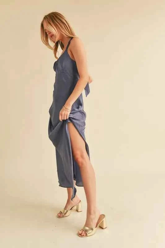 Aemi + Co Ruched Side Slit Cutout Back Maxi Cami Dress Aemi + Co Ruched Side Slit Cutout Back Maxi Cami Dress