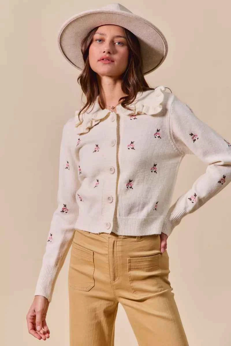 SO ME Collared Floral Embroidered Button Down Sweater Cardigan SO ME Collared Floral Embroidered Button Down Sweater Cardigan
