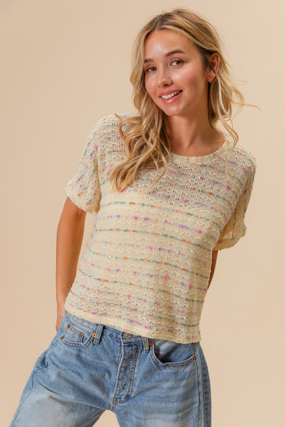 BiBi Striped Popcorn Knit Top BiBi Striped Popcorn Knit Top - TopFashionHQ