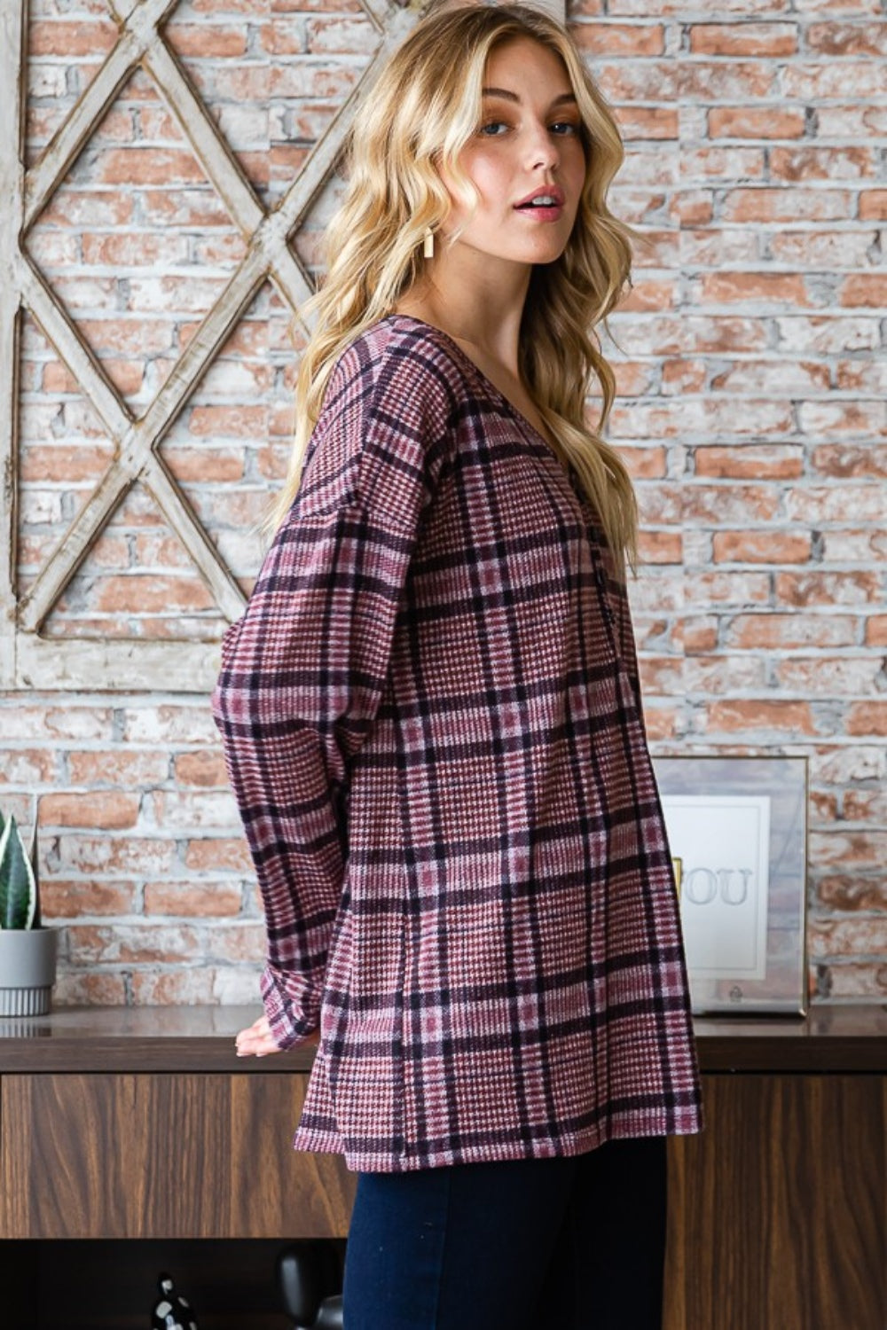 Heimish Full Size Plaid V-Neck Long Sleeve Top Heimish Full Size Plaid V-Neck Long Sleeve Top - TopFashionHQ