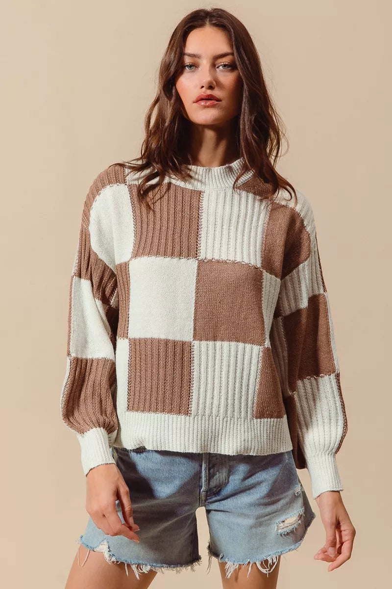 SO ME Ribbed Color Block Checkered Plaid Sweater 2fcc844cd8d64b1188bf101cc92caebe-Max-Origin