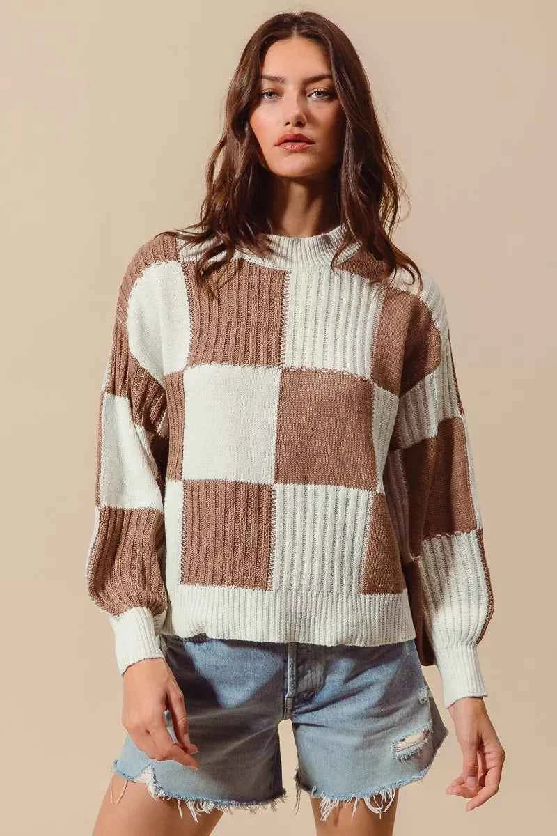 SO ME Ribbed Color Block Checkered Plaid Sweater SO ME Ribbed Color Block Checkered Plaid Sweater