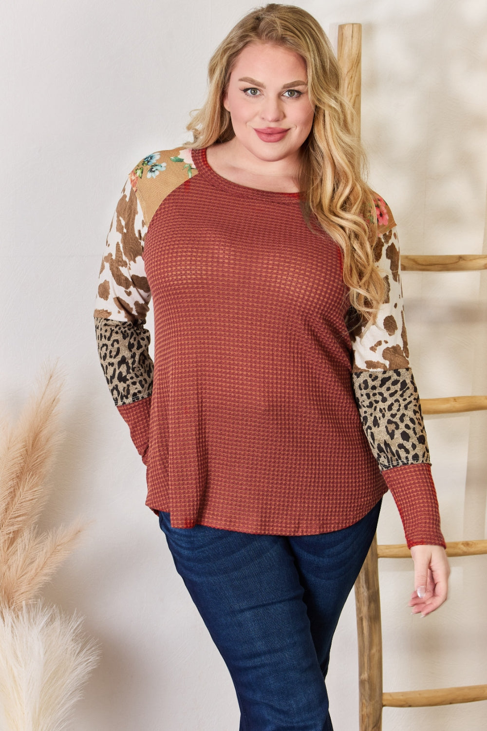 Hailey & Co Full Size Leopard Waffle-Knit Blouse Hailey & Co Full Size Leopard Waffle-Knit Blouse - TopFashionHQ