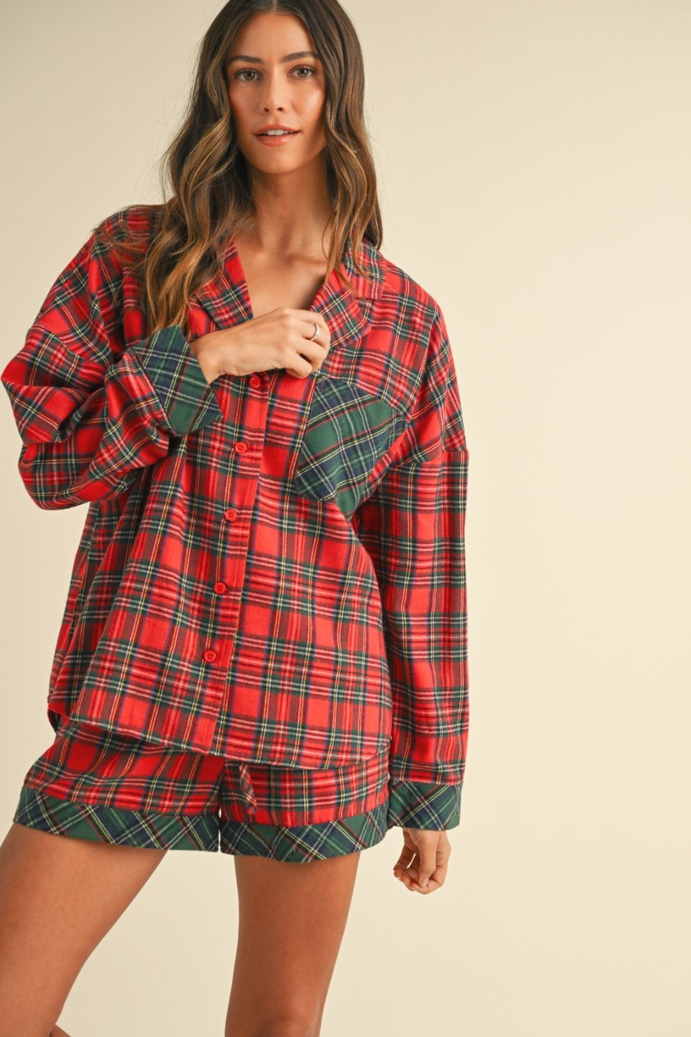Annie Wear Contrast Plaid Long Sleeve Top and Shorts Set Annie Wear Contrast Plaid Long Sleeve Top and Shorts Set