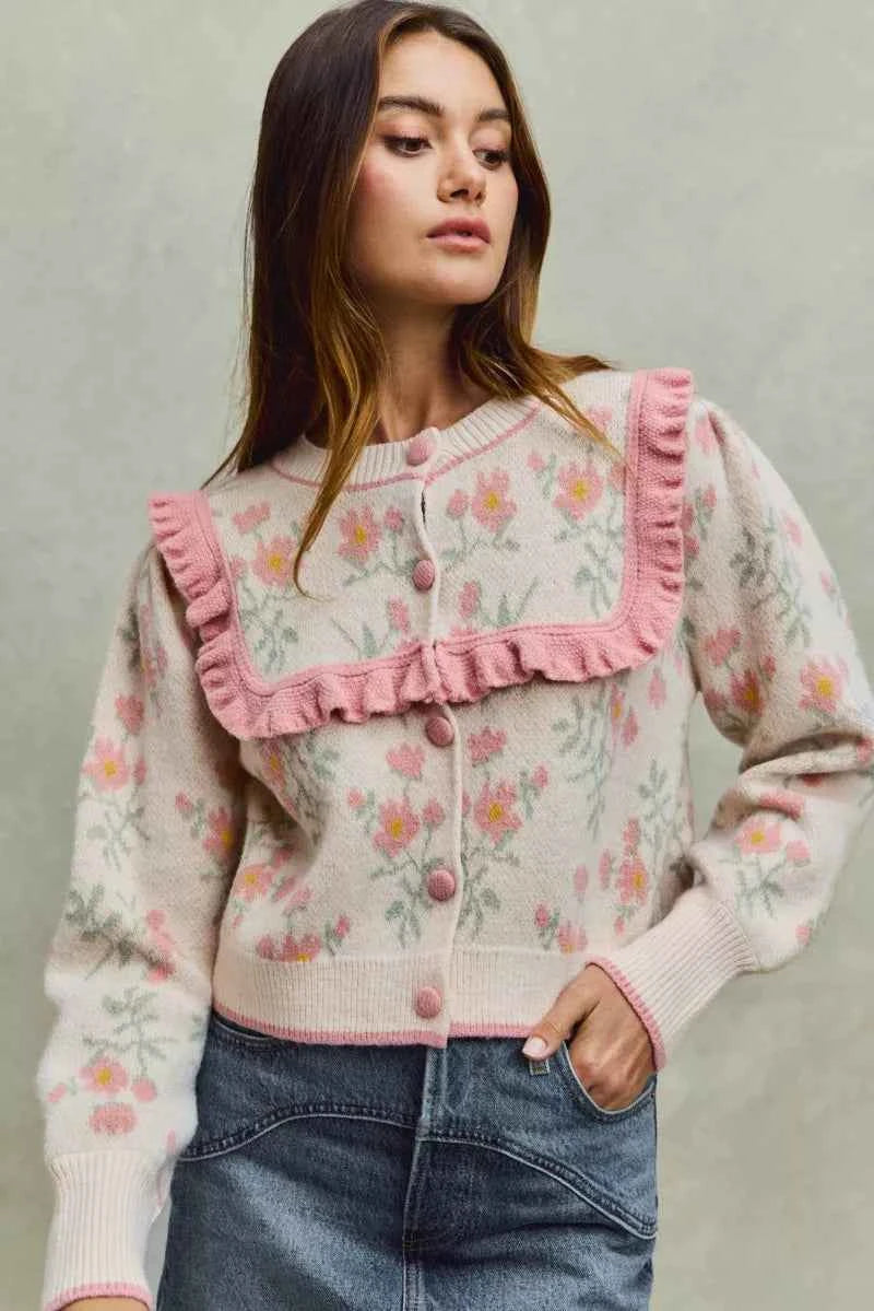 SO ME Flower With Ruffle Detailing Sweater Cardigan SO ME Flower With Ruffle Detailing Sweater Cardigan