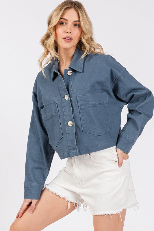 bytos Button Down Cropped Denim Jacket with Patch Pockets bytos Button Down Cropped Denim Jacket with Patch Pockets
