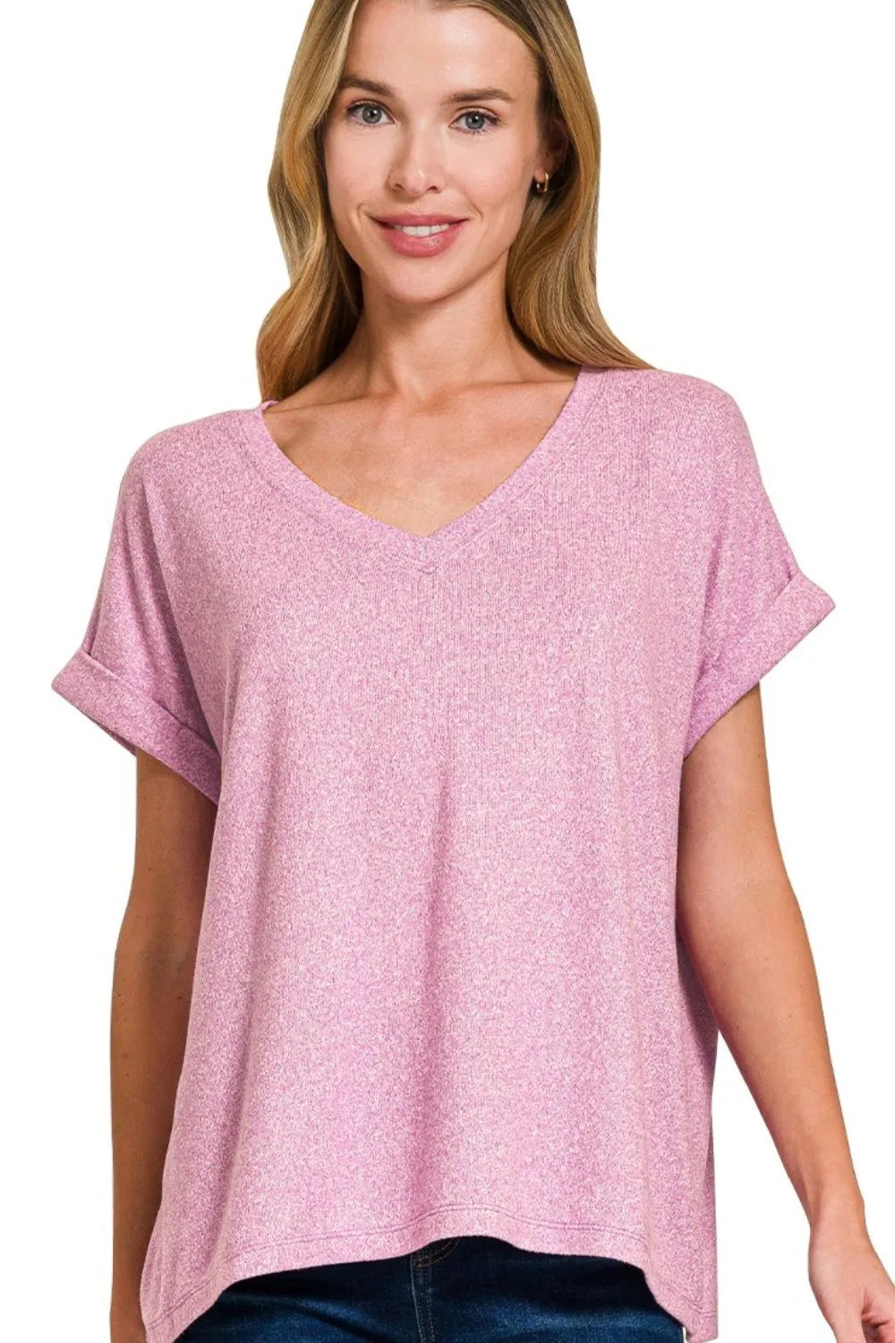 Zenana Soft Melange Hacci V-neck Tee 306ac0ae-19f2-494c-80c1-1f99637112fe-Max-Origin