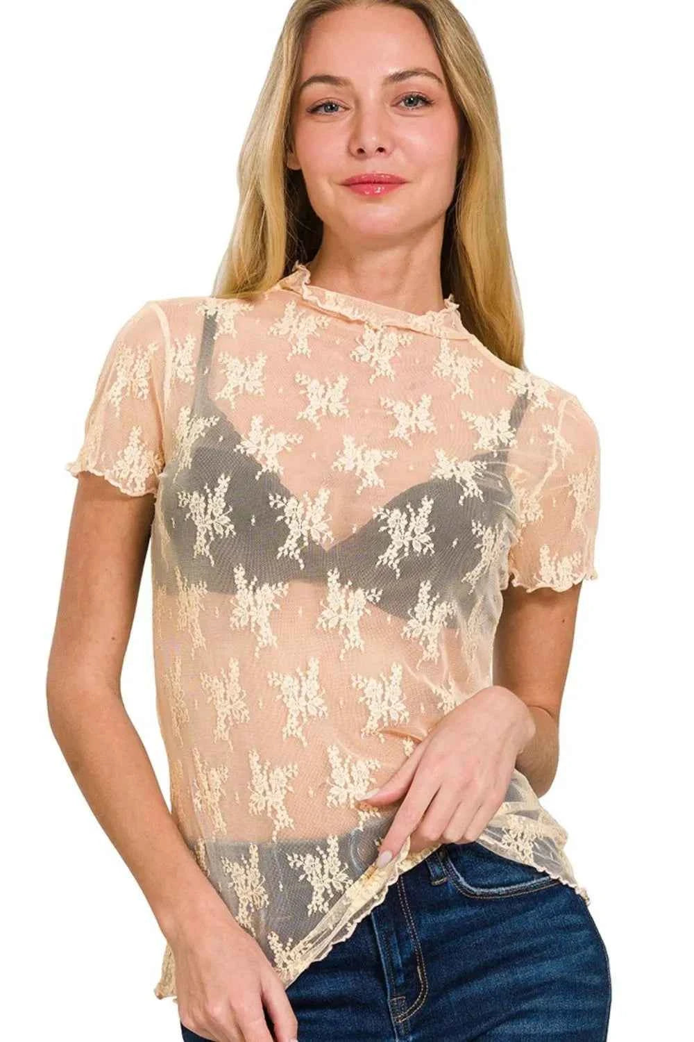 Zenana Lace See-through Layering Short Sleeve Top Zenana Lace See-through Layering Short Sleeve Top