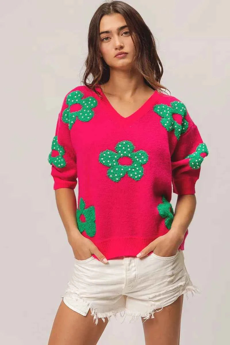 BiBi Pearl Beads Flowers Sweater Top BiBi Pearl Beads Flowers Sweater Top