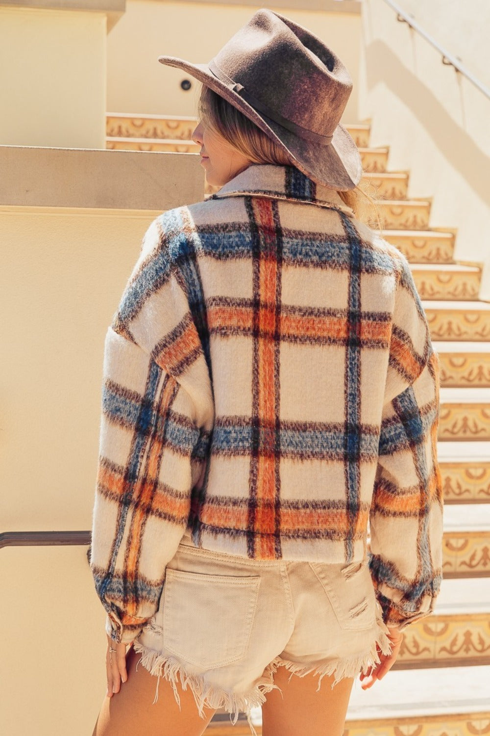 BiBi Brushed Plaid Crop Jacket with Pockets BiBi Brushed Plaid Crop Jacket with Pockets