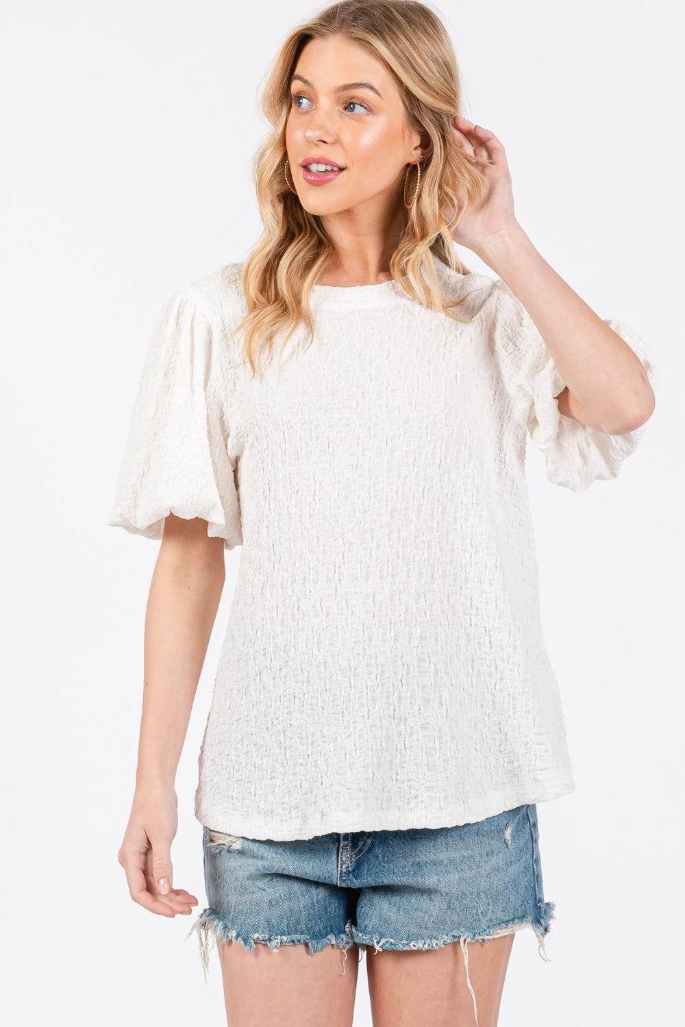 Ces Femme Textured Puff Sleeve Top Ces Femme Textured Puff Sleeve Top - TopFashionHQ