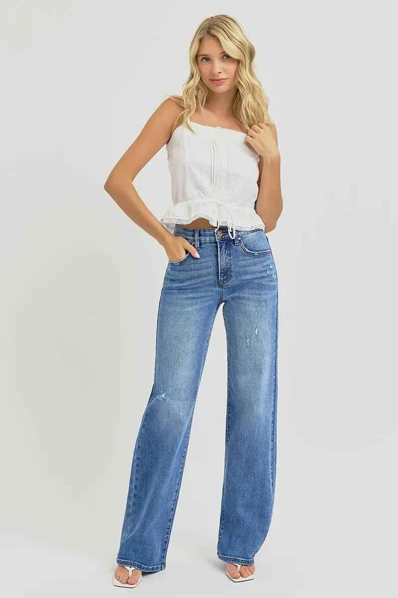RISEN Full Size Tummy Control Elastic Band High Rise Wide Jeans Plus Size RISEN Full Size Tummy Control Elastic Band High Rise Wide Jeans Plus Size