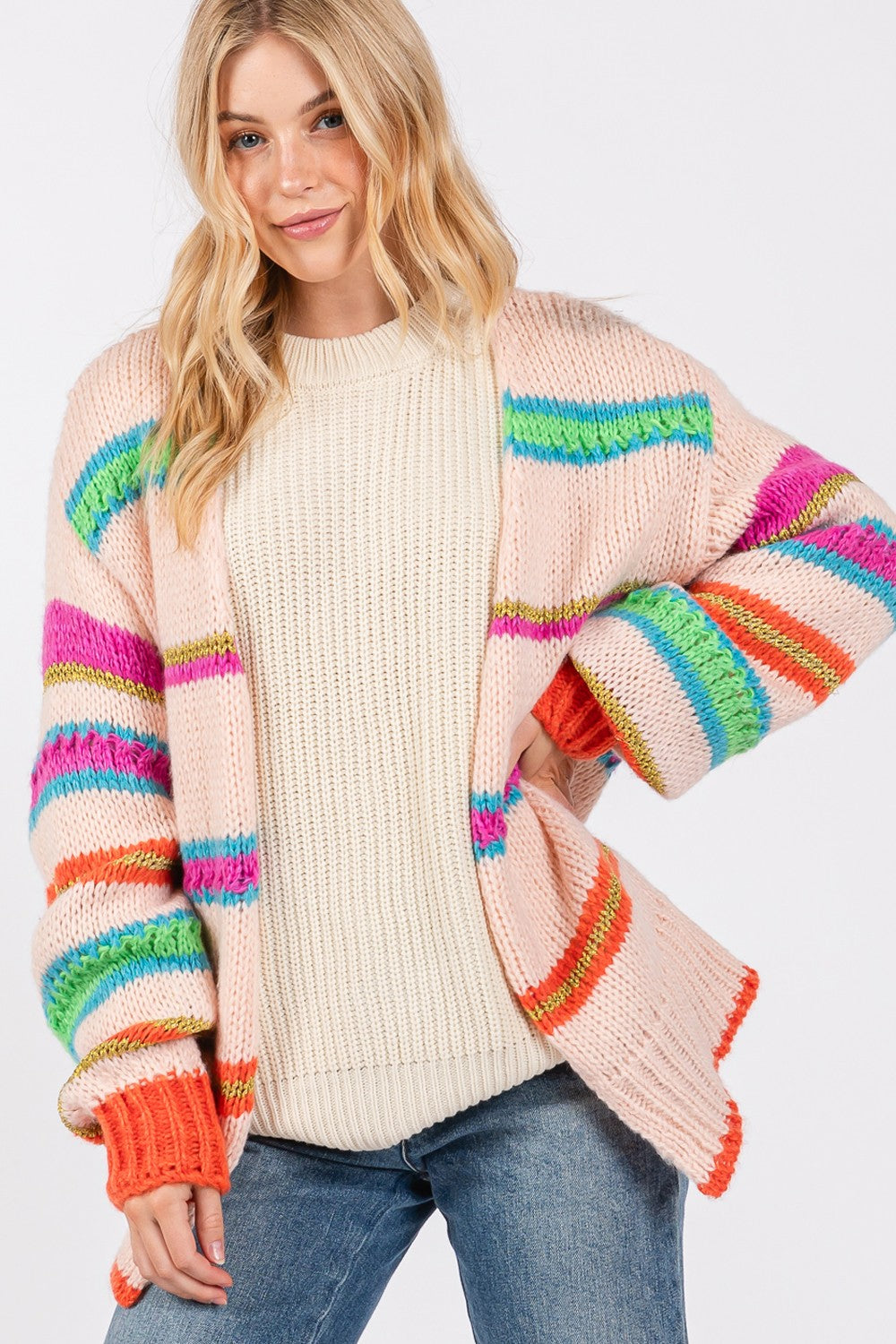 SAGE + FIG Rainbow Striped Open Front Knit Cardigan SAGE + FIG Rainbow Striped Open Front Knit Cardigan